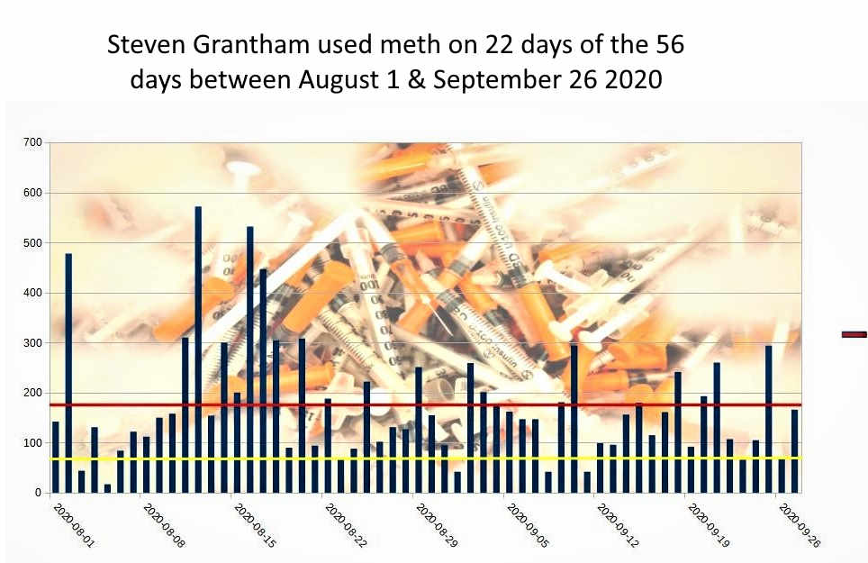 Every 2.5 days between August 1 2020 and September 26 2020 Steven Grantham used methamphetamine. Steven Grantham used meth 22 days out of the 56 days between 8/1/2020 and 9/26/2020.